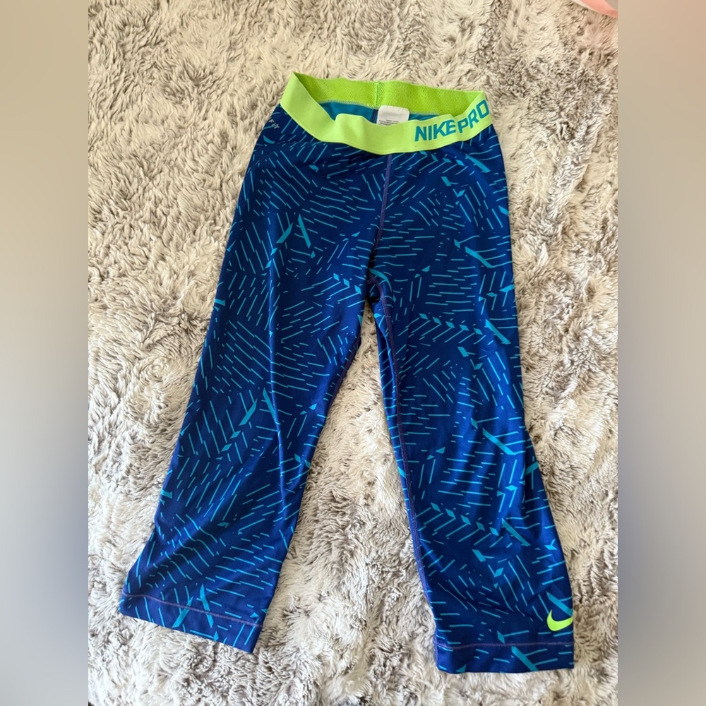 Nike Pro Blue Cropped Leggings with Green Waistband